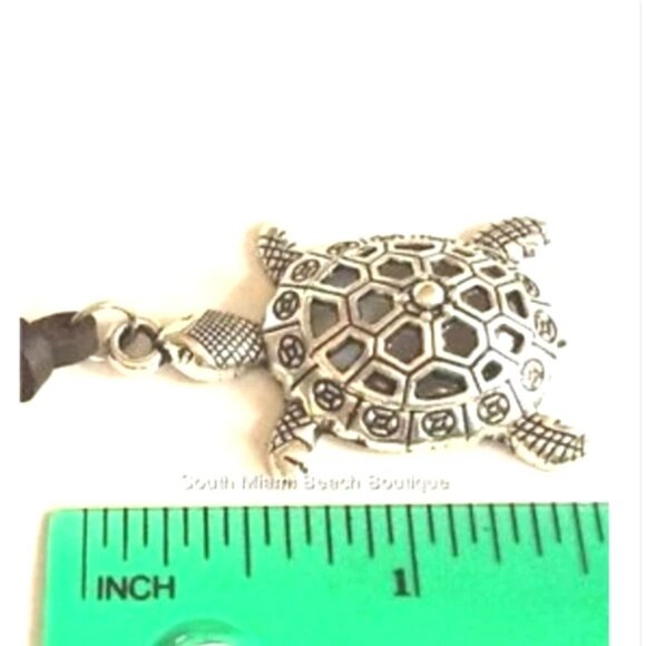 Surfer Sea Turtle Necklace Silver Tone Filigree Nautical Plated Brown Cord 24" - Picture 6 of 7